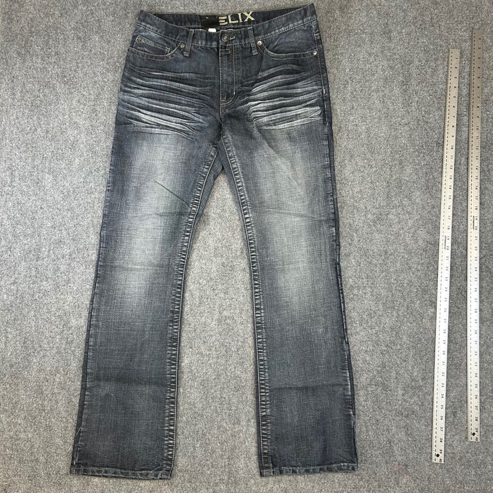 Helix Mens Slim Bootcut Jeans 34x34 Dark Wash Whiskered Embroidered Pocket Denim